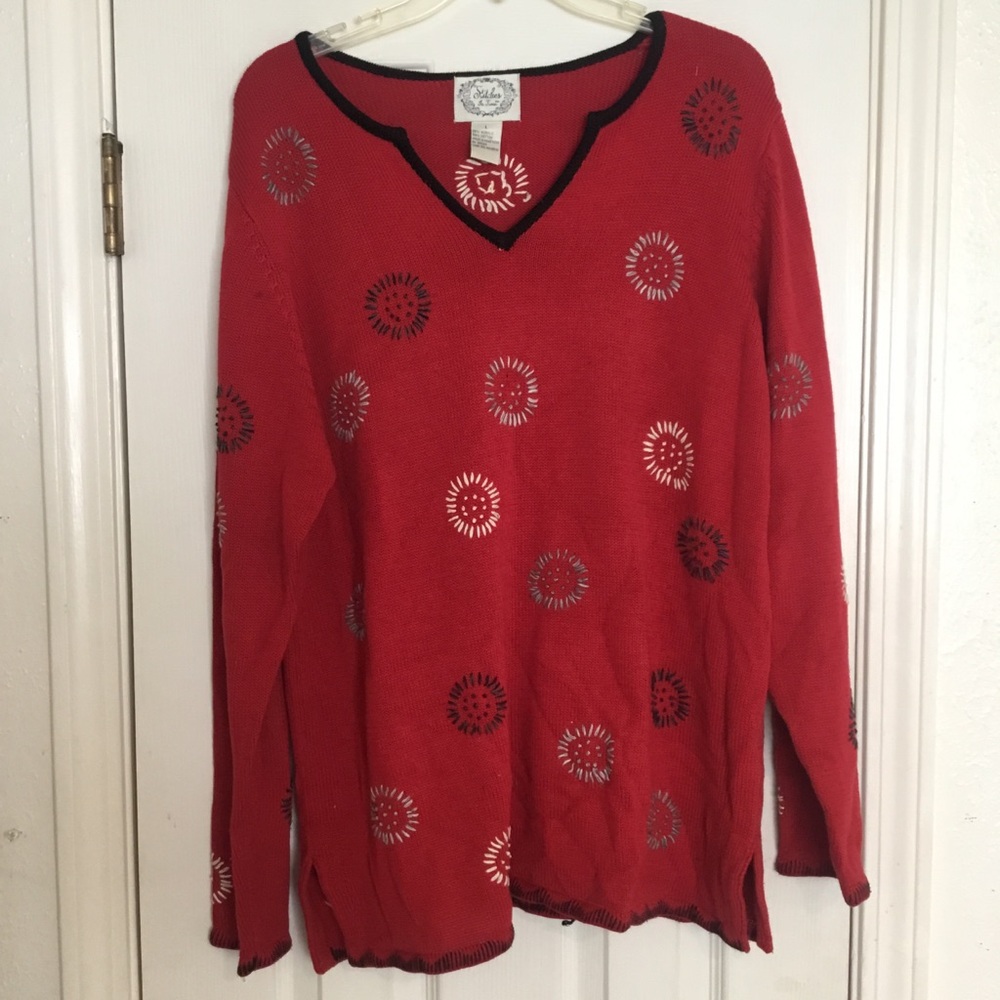Vintage Stitches In Time Long Red Patterned Women's Sweater Tunic